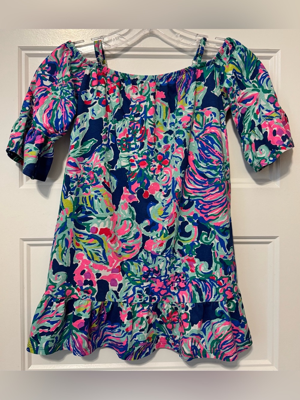 Lilly Pulitzer Girls Jaci Off Shoulder Tropical Dress Indigo Exotic Escapade 6/7